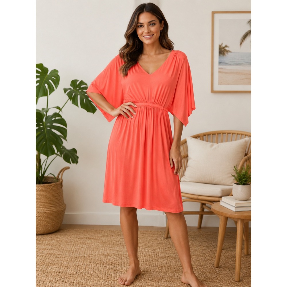 NWT Soma Soft Jersey Caftan Short Bra Dress XL Vivid Coral Pockets Cool Touch